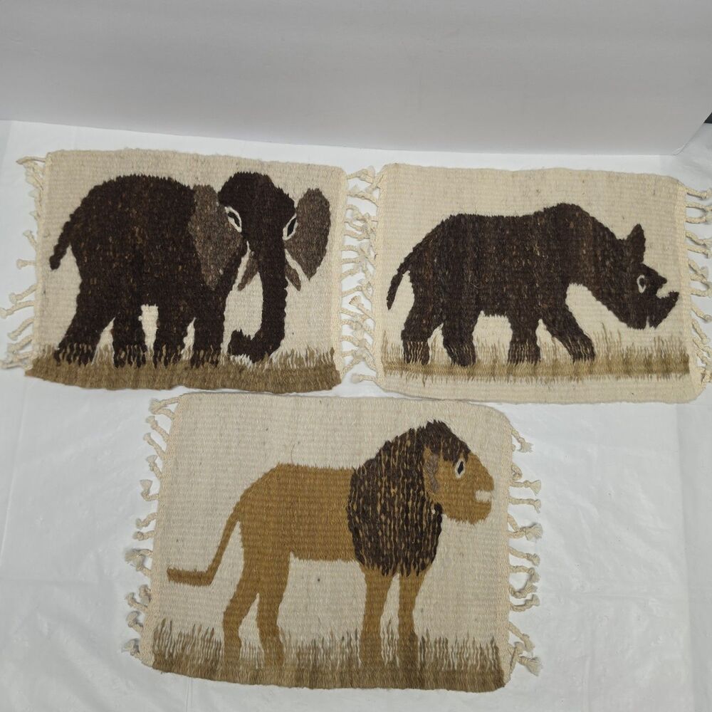 Vintage Hand Woven Wool African Wild Animals Elephant Lion Rhino Placemats